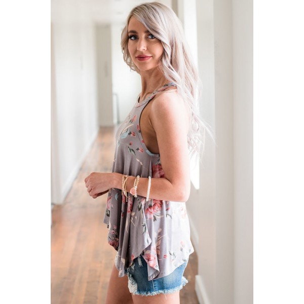 Grey Floral Print Flowy Tank Top