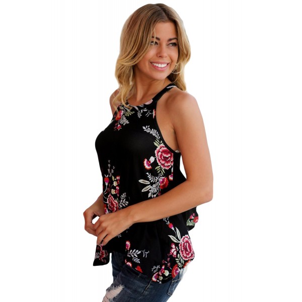 Black Floral Print Flowy Tank Top
