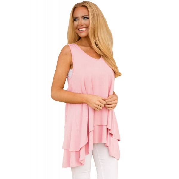 Pink Ruffled Layer Asymmetric Hem Tunic Tank