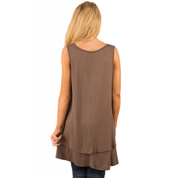 Coffee Ruffled Layer Asymmetric Hem Tunic Tank
