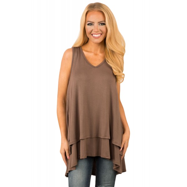 Coffee Ruffled Layer Asymmetric Hem Tunic Tank
