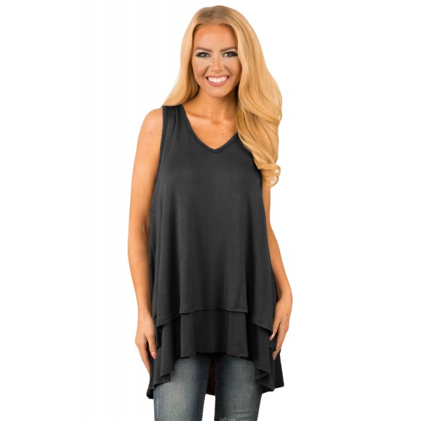 Black Ruffled Layer Asymmetric Hem Tunic Tank
