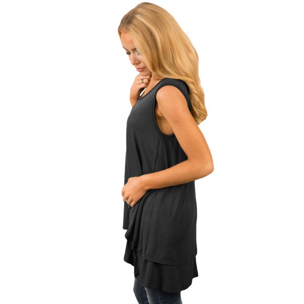 Black Ruffled Layer Asymmetric Hem Tunic Tank