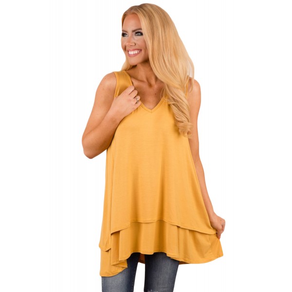 Yellow Ruffled Layer Asymmetric Hem Tunic Tank