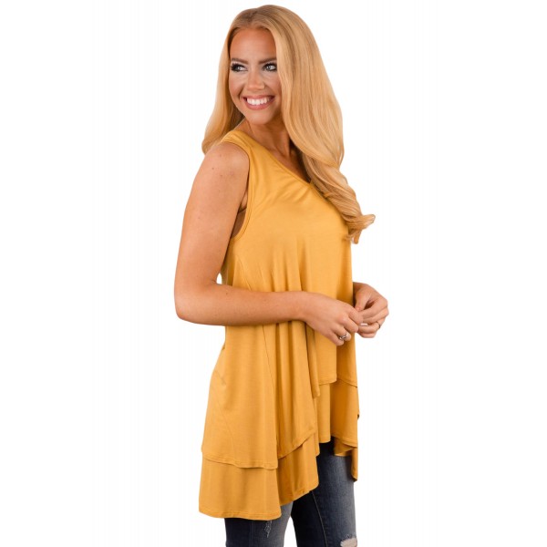 Yellow Ruffled Layer Asymmetric Hem Tunic Tank