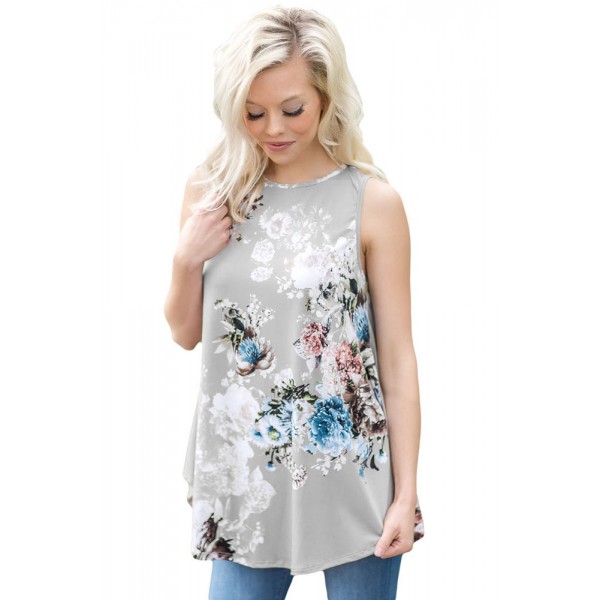 Grey Floral Print High Neck Tank Top