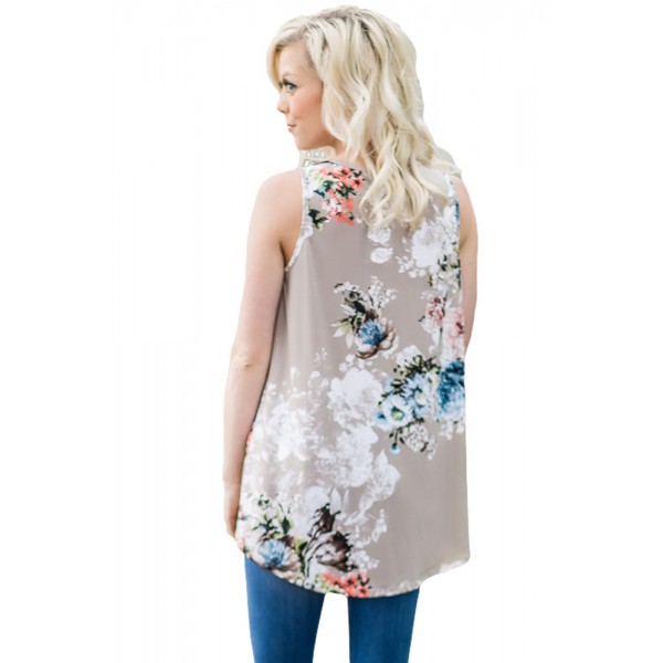 Grey Floral Print High Neck Tank Top