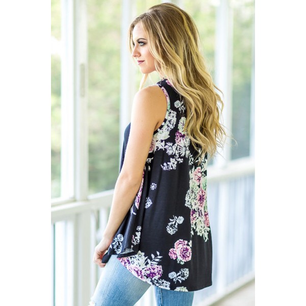 Black Floral Print High Neck Tank Top