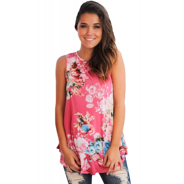 Hot Pink Floral Print High Neck Tank Top