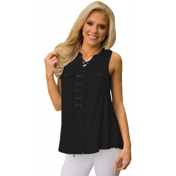 Black Sleeveless Tank Top with Lace up