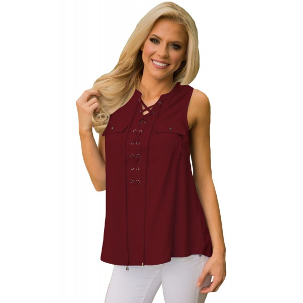 Wine Sleeveless Tank Top with Lace up