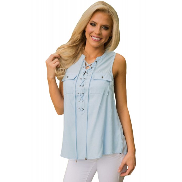 Light Blue Sleeveless Tank Top with Lace up