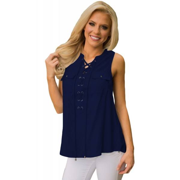 Blue Sleeveless Tank Top with Lace up