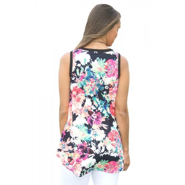 Black Front Floral Print Back High-low Hem Tank