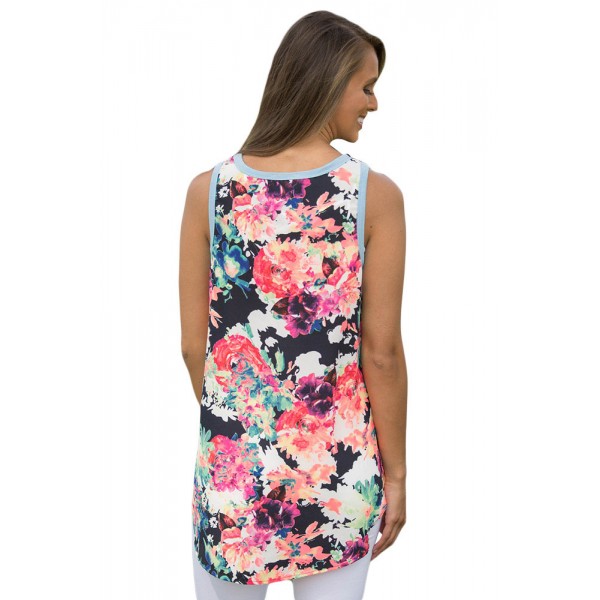 Blue Front Floral Print Back High-low Hem Tank