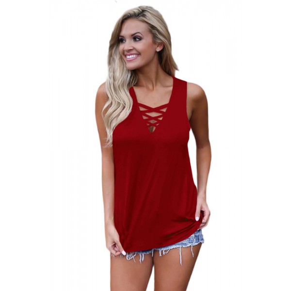 Burgundy Crisscross V Neckline Women Tank Top