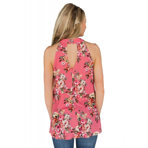 Coral Pink Floral Back Cutout Sleeveless Top