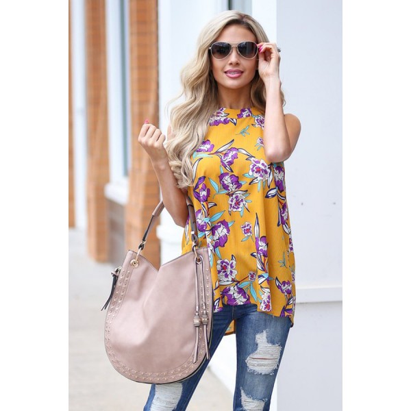 Mustard Violet Floral Back Cutout Sleeveless Top