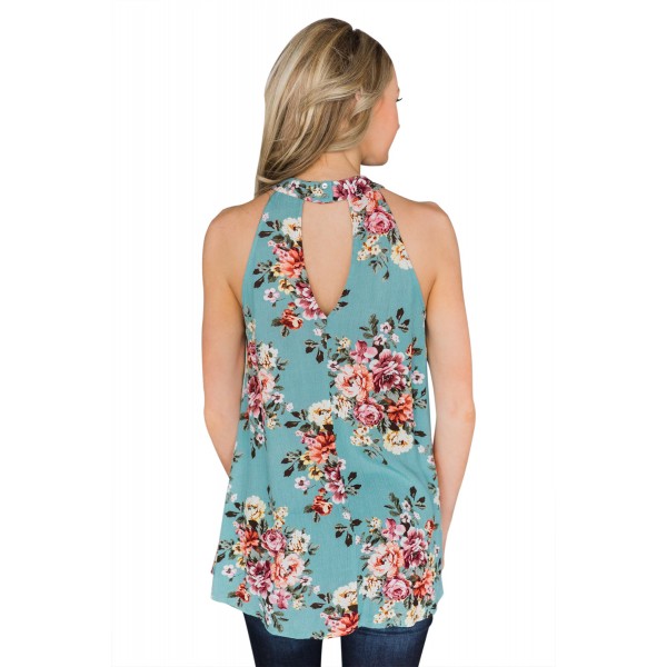 Mint Green Floral Back Cutout Sleeveless Top